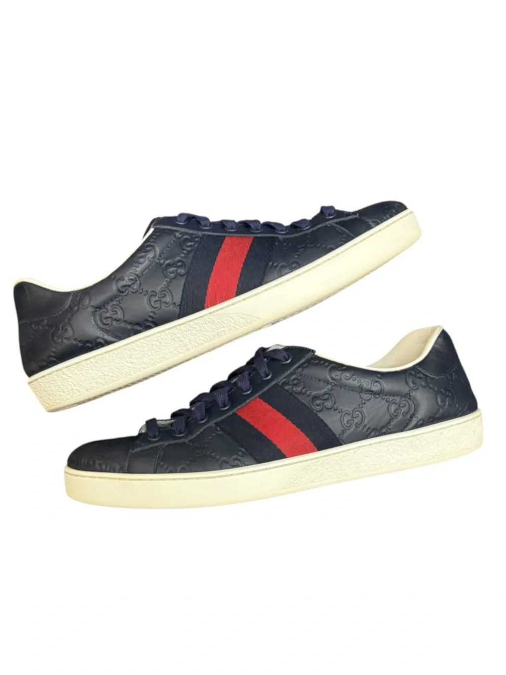 GUCCI - NAVY BLUE ALL LEATHER EMBOSSED MONOGRAM “ACE GG SUPREME” SNEAKERS